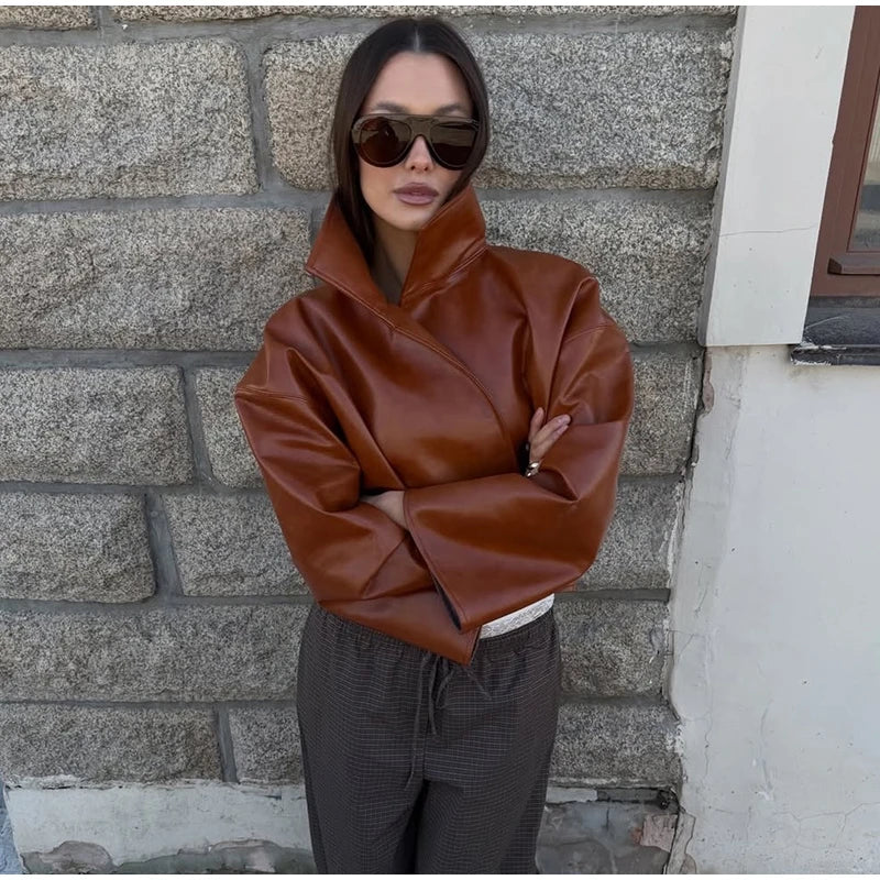 Cappotto da donna ampio a tinta unita, a maniche lunghe, con collo alto, top corto, moda estiva autunnale 2026, capospalla femminile streetwear