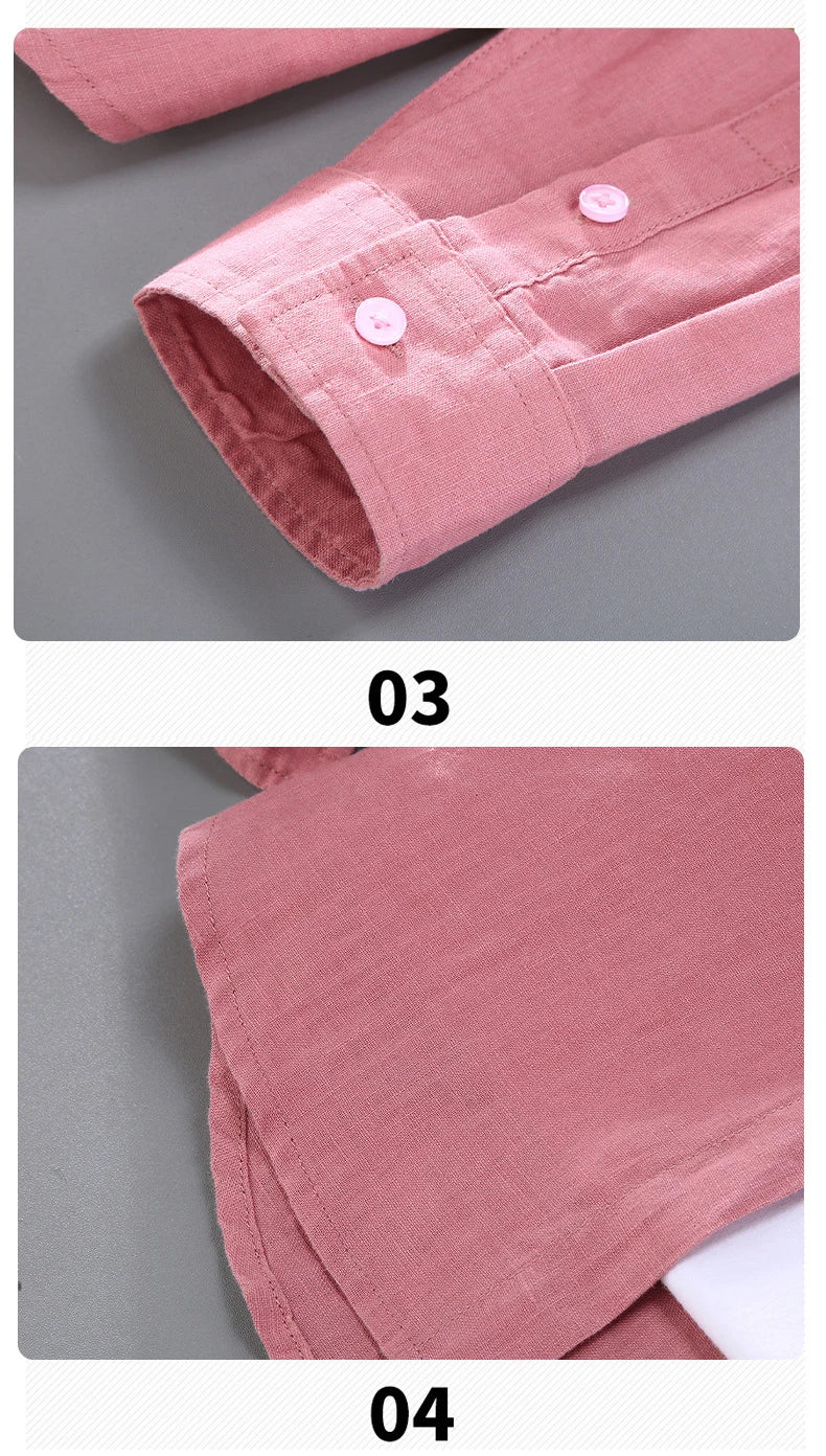 Camicia a maniche lunghe in lino 100% per uomo Primavera Autunno Moda Buona qualità Tinta unita Sottile e traspirante Camicetta con risvolto sano Top maschile