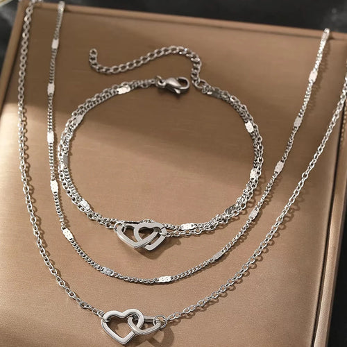 Atmosfera di moda Bracciale a cuore Collana d'amore Set di gioielli di design a doppia catena per le donne