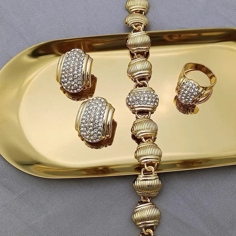 Parure de bijoux arabes pour femmes de haute qualité, plaqué or 18 carats, collier rond, boucles d'oreilles, bracelet et bague, cadeau de fête de mariage