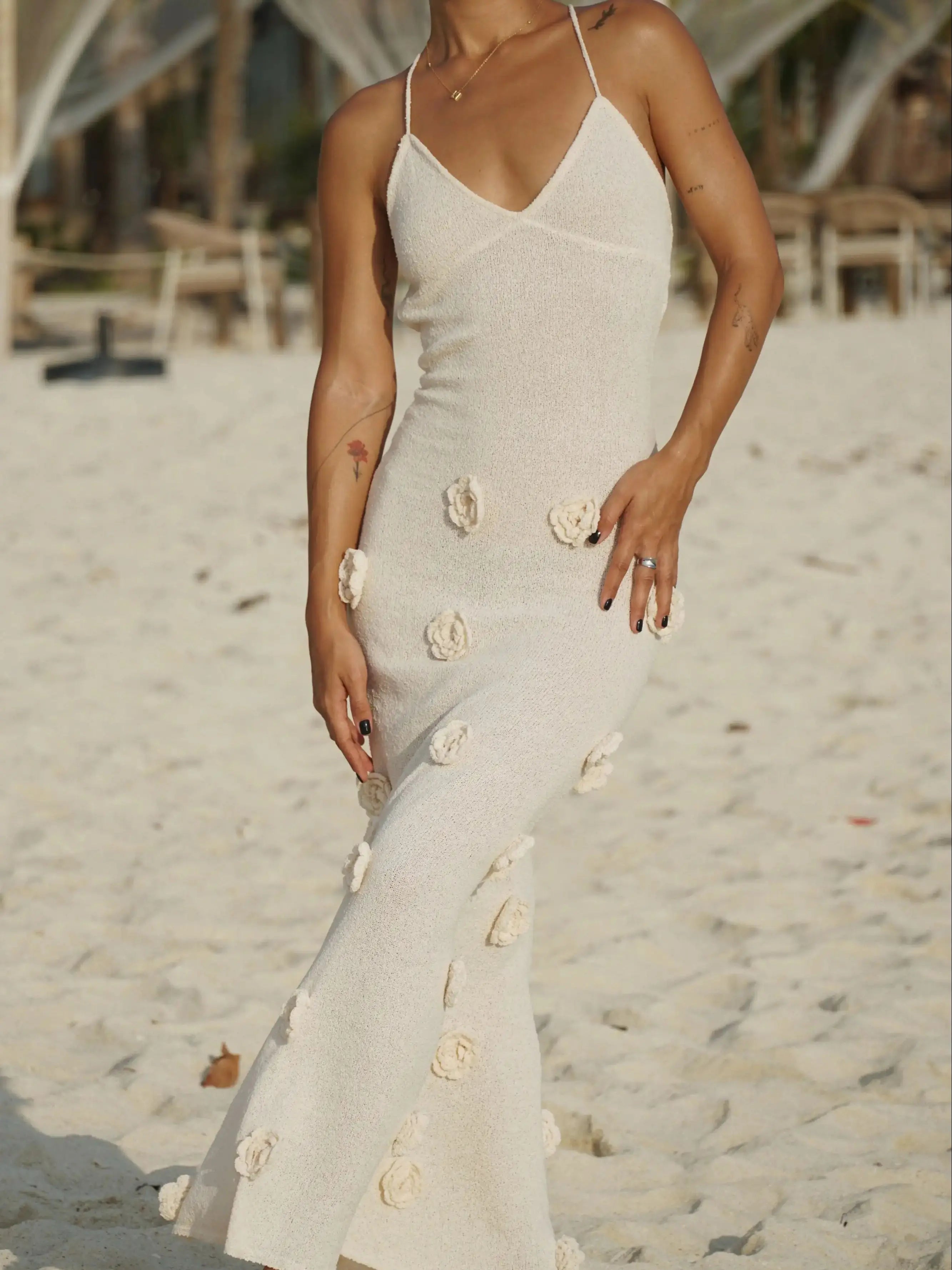 Abito lungo in maglia Abiti da festa estivi con fiori 3D da donna Copricostume elegante slim diviso maxi abiti da spiaggia per le vacanze