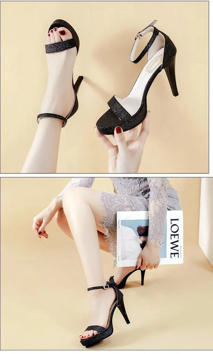 Comemore nuovi sandali con tacco alto donna sandali con tacco estivo Glitter décolleté neri scarpe da sposa classiche per feste su sandali con plateau scarpe da donna sandali con tacco tacchi donna sandali donna estivi