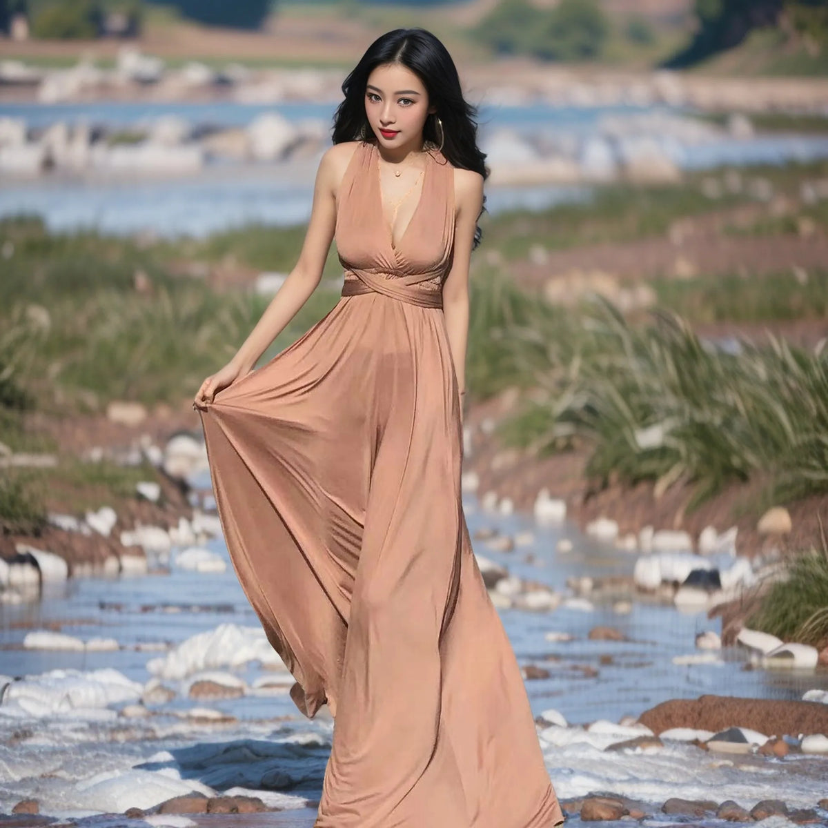 Abito formale da donna elegante da sera lungo con scollo a V profondo abito convertibile multistrato maxi abiti greci abito da festa di nozze