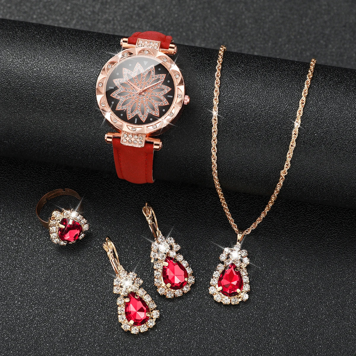 5 pz/set moda donna orologio quadrante fiore orologi al quarzo cinturino in pelle orologi da polso Set di gioielli con strass (senza scatola)