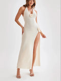 Abito lungo in maglia Abiti da festa estivi con fiori 3D da donna Copricostume elegante slim diviso maxi abiti da spiaggia per le vacanze