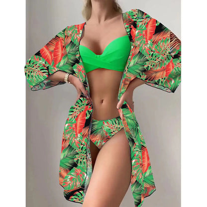 Bohemian Style Print Bikini Sets Women Fashion Sexy Spaghetti Strap Bikini Cardigan Three Piece Sets Beach Vacation Swimsuit
