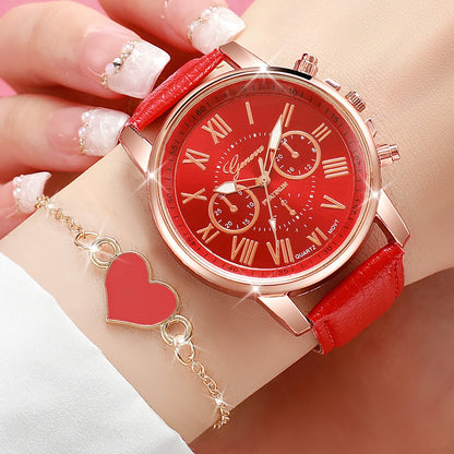 4 pezzi moda donna orologi semplice quadrante Roma orologio al quarzo cinturino in pelle da donna orologi da polso braccialetti a cuore set (senza scatola)