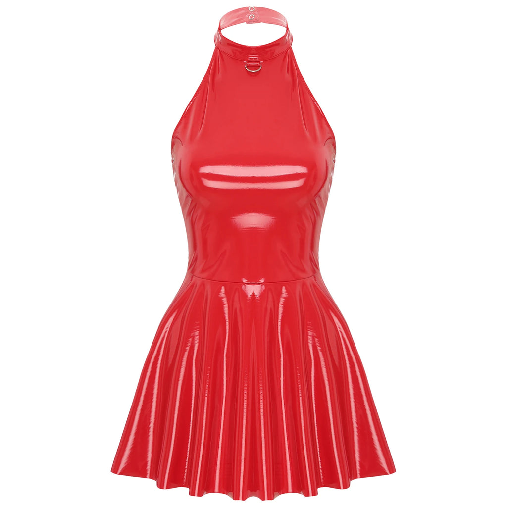Abito sottoveste in pelle verniciata Sexy effetto bagnato da donna O-Ring rivetti con spalline scollo a V Punk gotico a-line Mini abiti Rave Party Clubwear