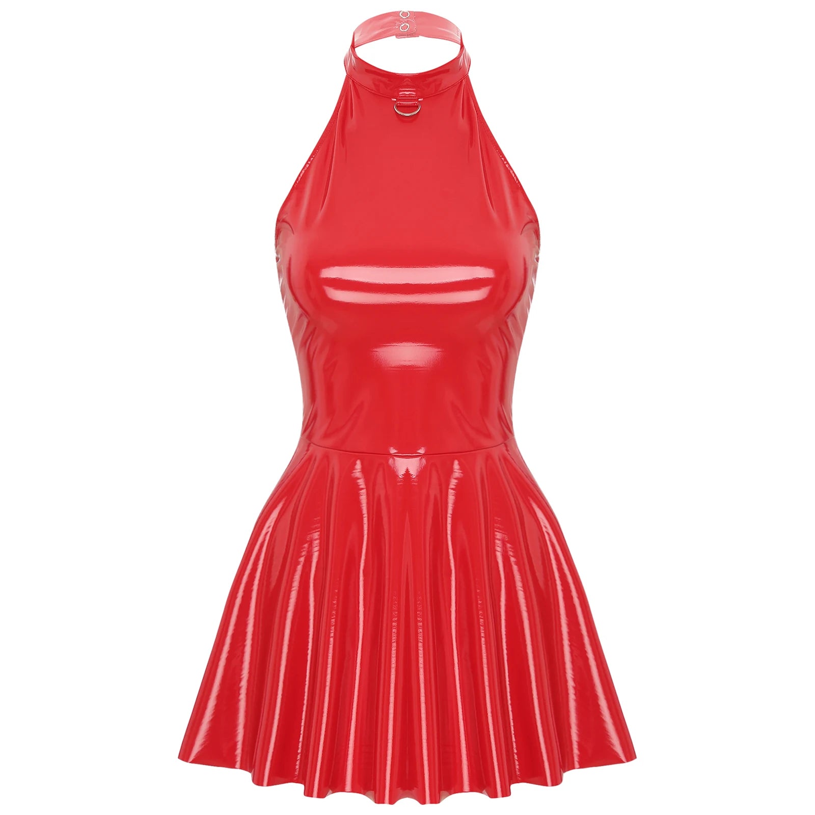 Abito sottoveste in pelle verniciata Sexy effetto bagnato da donna O-Ring rivetti con spalline scollo a V Punk gotico a-line Mini abiti Rave Party Clubwear