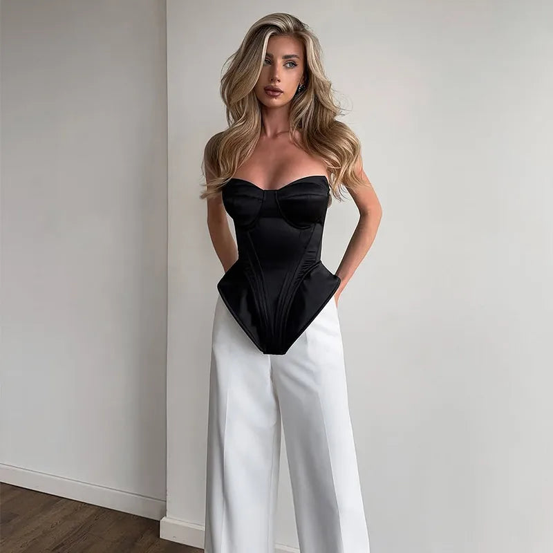 Camicette senza spalline in pizzo sexy Camicette estive da donna con spalle scoperte Gilet chic slim fit senza maniche Top alla moda da strada