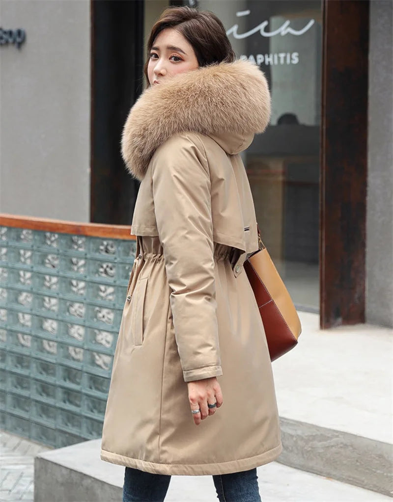 Giacca Invernale 2026 Nuova Parka da Donna Cappotto Lungo con Fodera in Lana Giacca con Cappuccio Collo in Pelliccia Spessa e Calda Abbigliamento da Neve Parka Imbottito 6XL