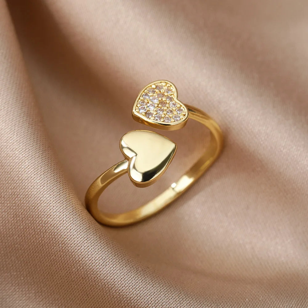 Anelli a forma di cuore geometrico con zirconi per donna Anello nuziale in acciaio inossidabile color oro Gioielli estetici di lusso Regalo per coppia 2025