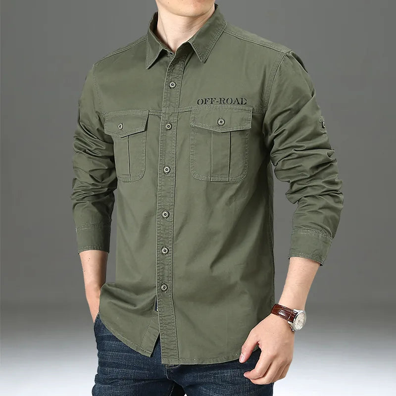 100% cotone di alta qualità primavera autunno moda uomo manica lunga tinta unita camicia Casual Multi tasca 6XL giacca Cargo di grandi dimensioni