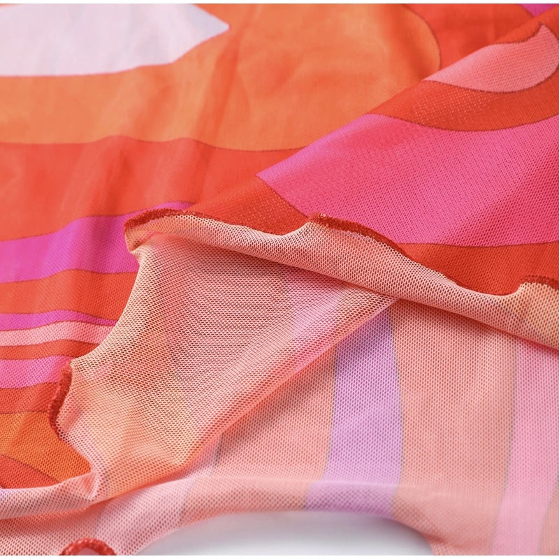 Abito lungo aderente aderente in rete trasparente da donna sexy Stampa chic senza maniche Slim Fit Abiti lunghi per le vacanze al mare Abito femminile quotidiano casual