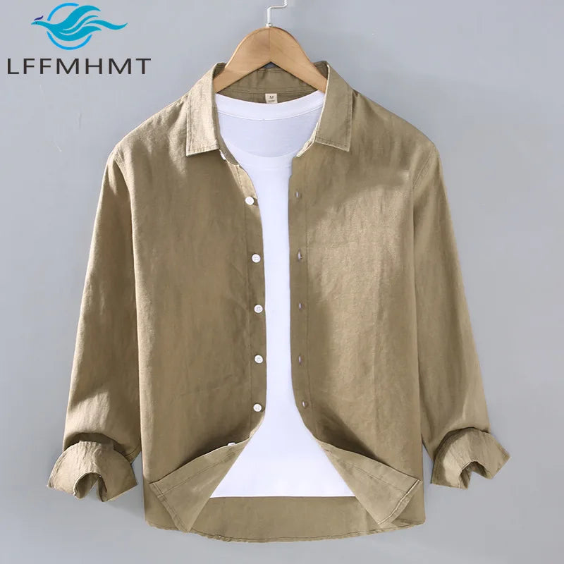 Camicia a maniche lunghe in lino 100% per uomo Primavera Autunno Moda Buona qualità Tinta unita Sottile e traspirante Camicetta con risvolto sano Top maschile