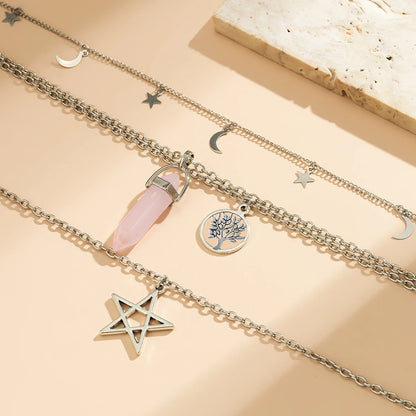 4 pezzi etnico rosa cristallo stella pentagramma ciondolo collana girocollo per le donne elegante luna nappa catena accessori gioielli per feste