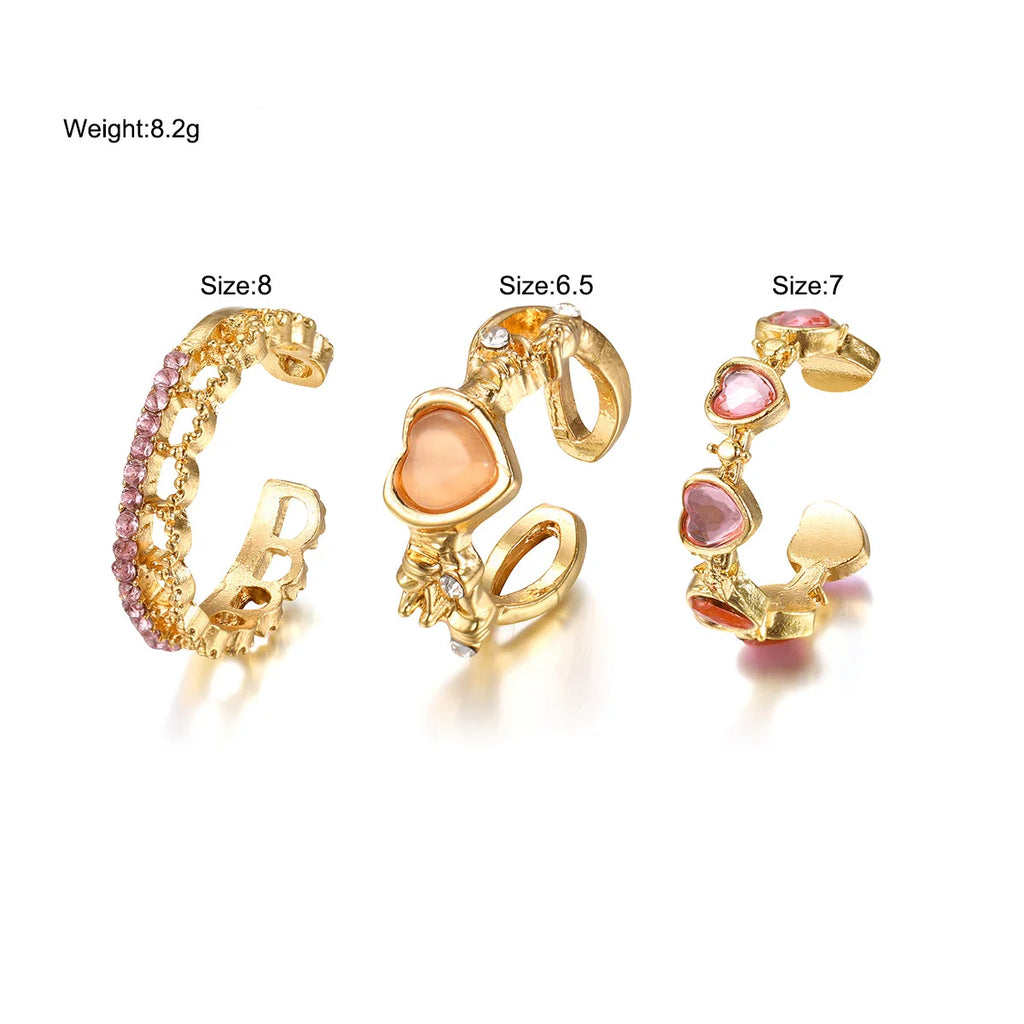 Set da 3 pezzi Anelli a forma di cuore d'amore per donne Ragazze Luce di lusso dolce strass Anello di apertura Regali di gioielli per feste di nozze di moda