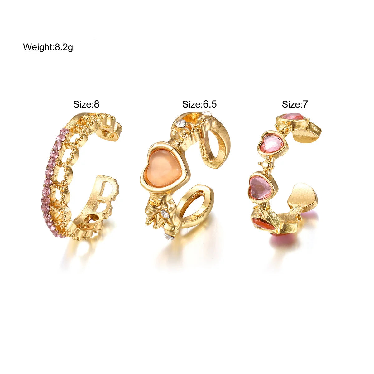 Set da 3 pezzi Anelli a forma di cuore d'amore per donne Ragazze Luce di lusso dolce strass Anello di apertura Regali di gioielli per feste di nozze di moda