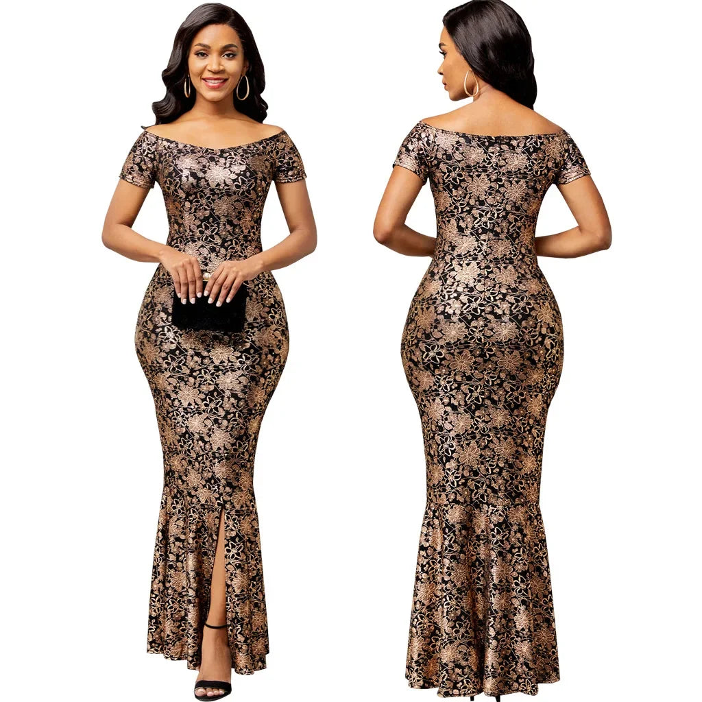 Abito da donna elegante abito da festa a fiori con spalle scoperte manica corta con spacco maxi abiti lunghi da donna