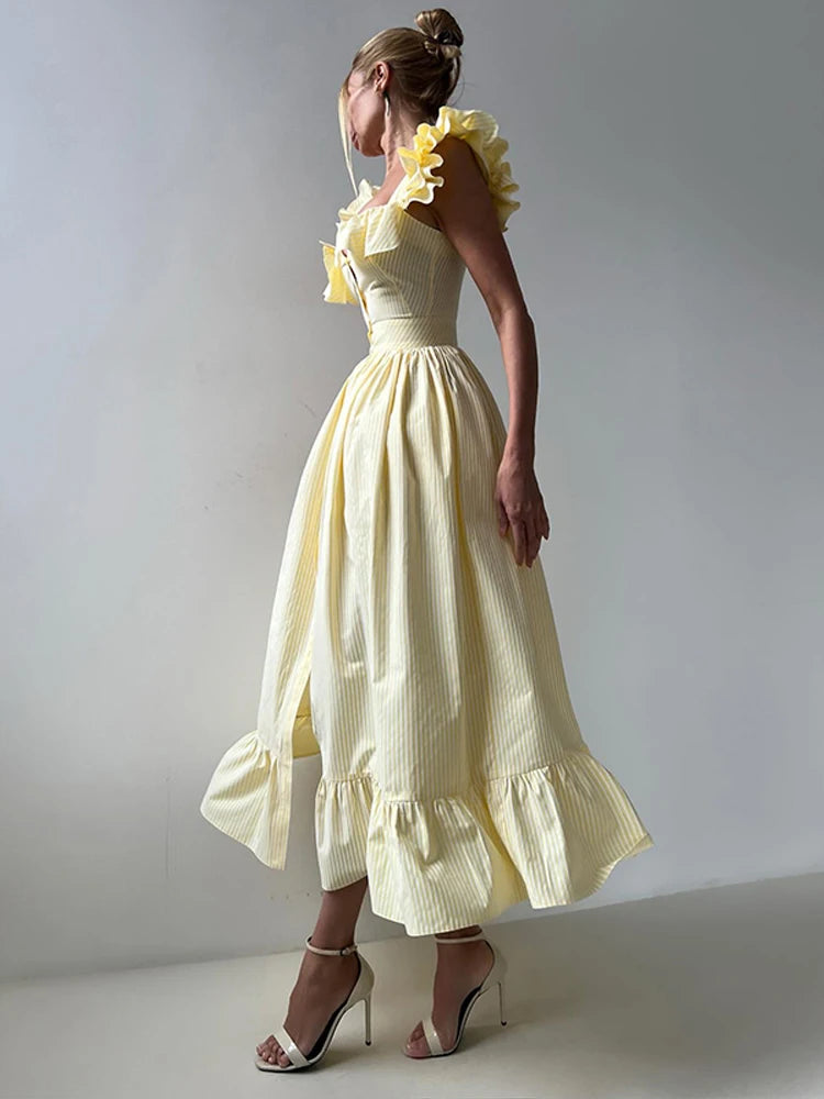 BKQU Abito lungo elegante con maniche volanti a righe con volant Abito lungo da donna chic con colletto quadrato sottile monopetto Abito lungo da festa estivo femminile