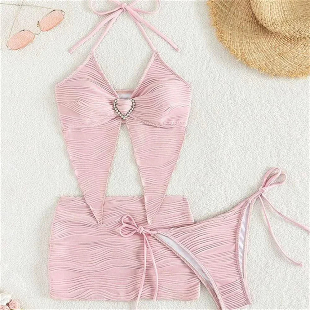 Micro String Extreme Bikini Rosa Y2K Strass Cuore Costume da bagno Tanga Gonna a costine Donna Costumi da bagno Beach Outfit Costume da bagno Biquinis