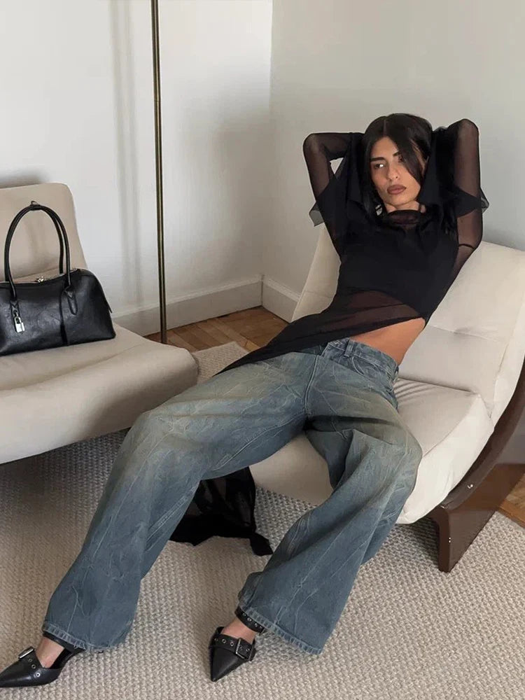 Maglietta da donna con orlo irregolare, design originale e sensuale, patchwork, scollo rotondo, maniche svasate, ideale per l'estate, stile sexy e audace, con spacco lungo, top alla moda.