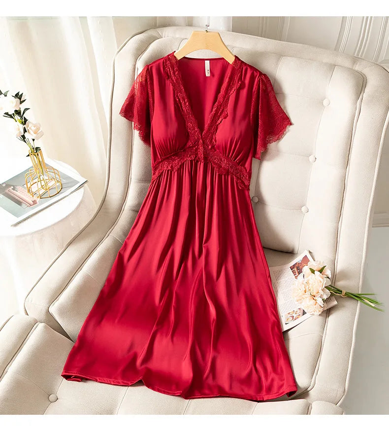 Fdfklak camicia da notte estiva da donna a maniche corte sottile in raso di seta Sexy nuova camicia da notte da notte da notte da donna in pizzo principessa