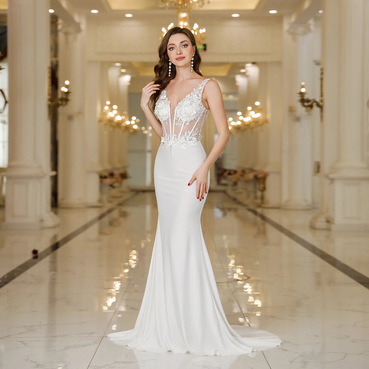 MisShow Cinghie eleganti Abiti da sposa a sirena bianca Pizzo Perle Backless Scollo a V Senza maniche Abiti da festa formali Vestido Marriee