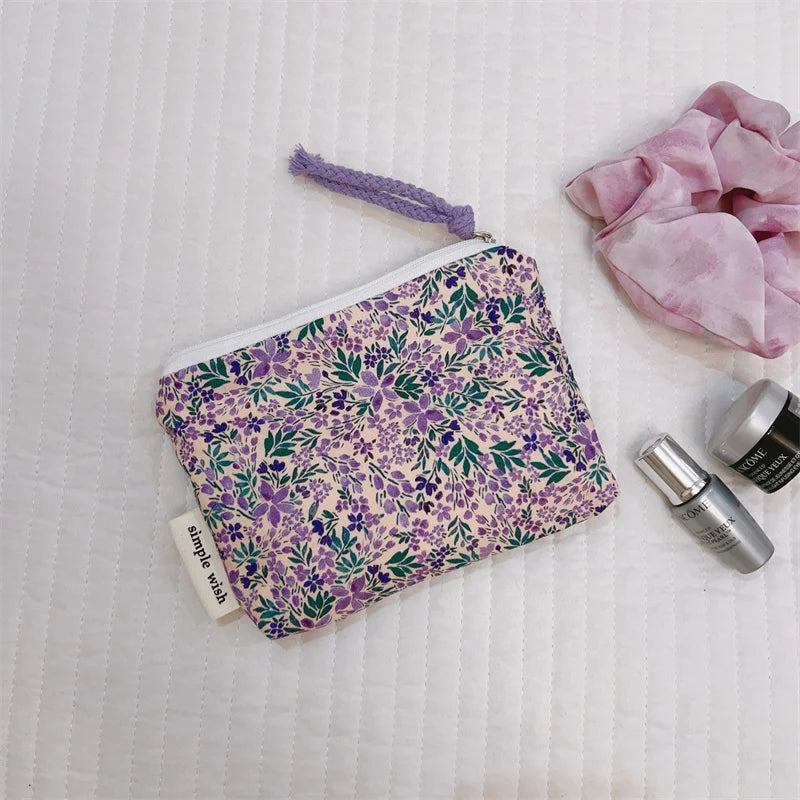 Portamonete in cotone con stampa floreale fresca estiva Mini portaoggetti Borsa in stoffa piccola Borsa per cuffie Borsa per cosmetici da viaggio Borsa per trucco