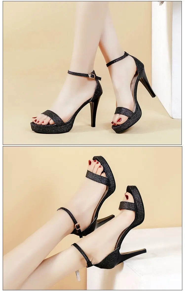 Comemore nuovi sandali con tacco alto donna sandali con tacco estivo Glitter décolleté neri scarpe da sposa classiche per feste su sandali con plateau scarpe da donna sandali con tacco tacchi donna sandali donna estivi