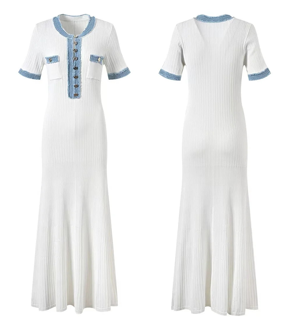Abito lungo elegante in maglia da donna a contrasto Chic O-collo manica corta Bottoni in metallo Abiti aderenti Abito da pendolarismo da donna da ufficio