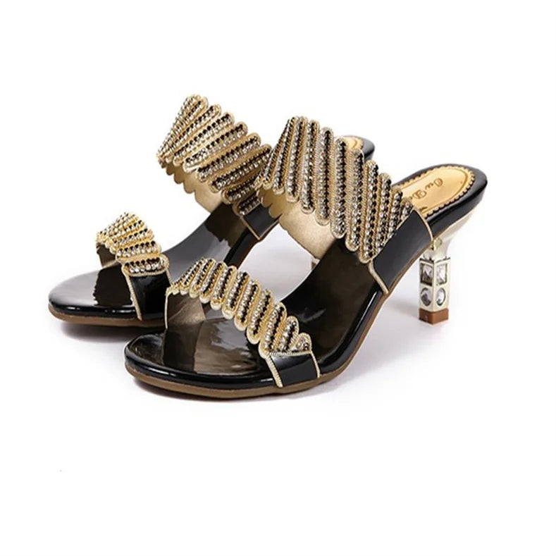 2024 nuove donne estate moda Comfort sandali eleganti oro una parola diamante tacco a spillo sandali con strass tacco medio