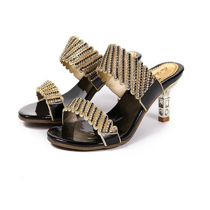 2024 nuove donne estate moda Comfort sandali eleganti oro una parola diamante tacco a spillo sandali con strass tacco medio