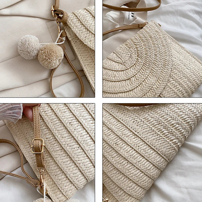 Pochette di paglia da spiaggia estiva borsa a tracolla con ciondolo a sfera carina per le donne borse a tracolla da viaggio borsa da donna borse Casual borsa di vimini