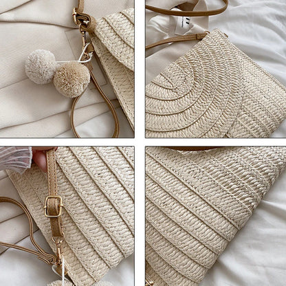 Pochette di paglia da spiaggia estiva borsa a tracolla con ciondolo a sfera carina per le donne borse a tracolla da viaggio borsa da donna borse Casual borsa di vimini