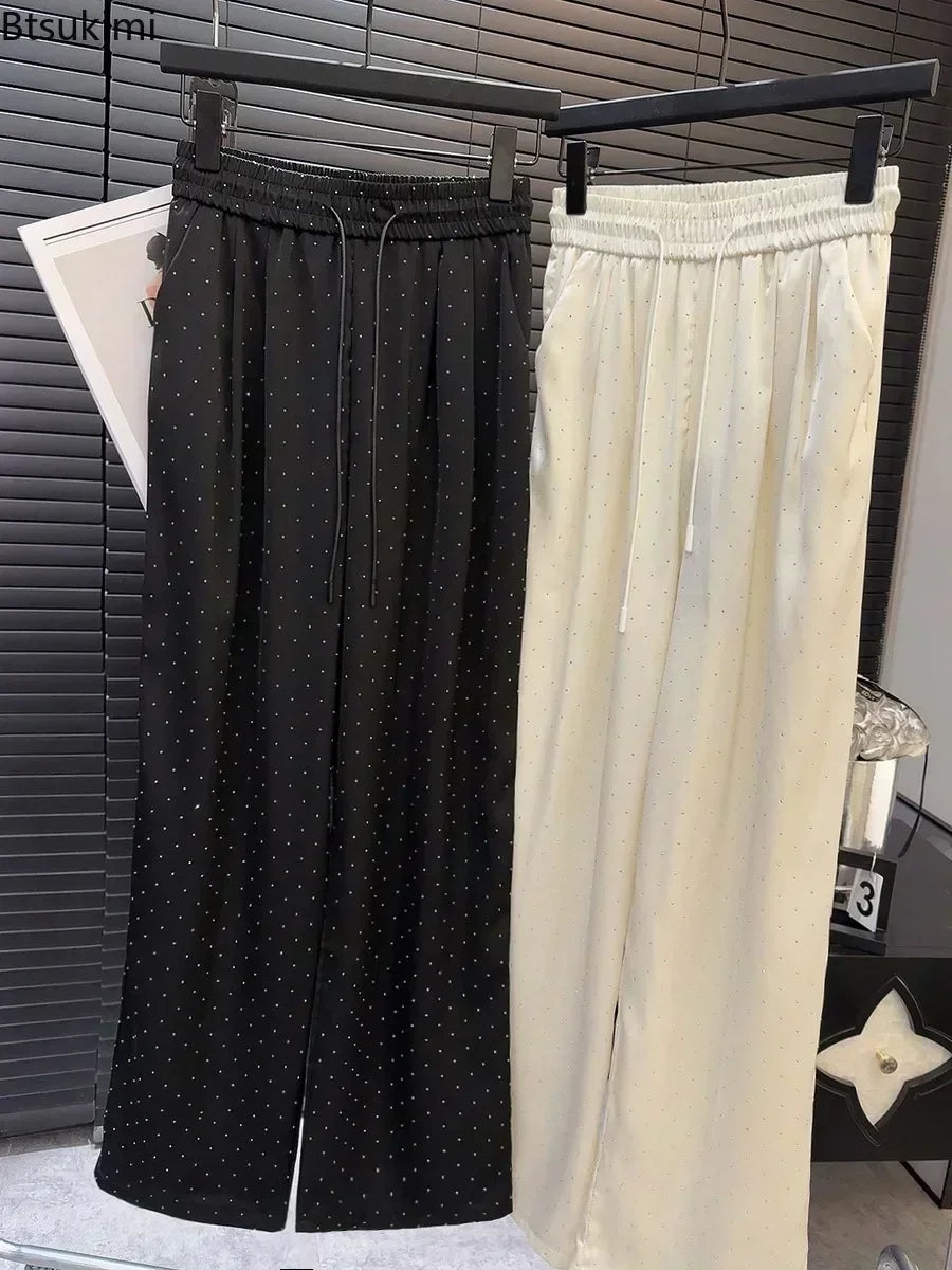 2026 Pantaloni a gamba larga con strass pieni di lusso di alta qualità Moda nuovi pantaloni dritti a vita alta con coulisse Pantaloni casual da donna