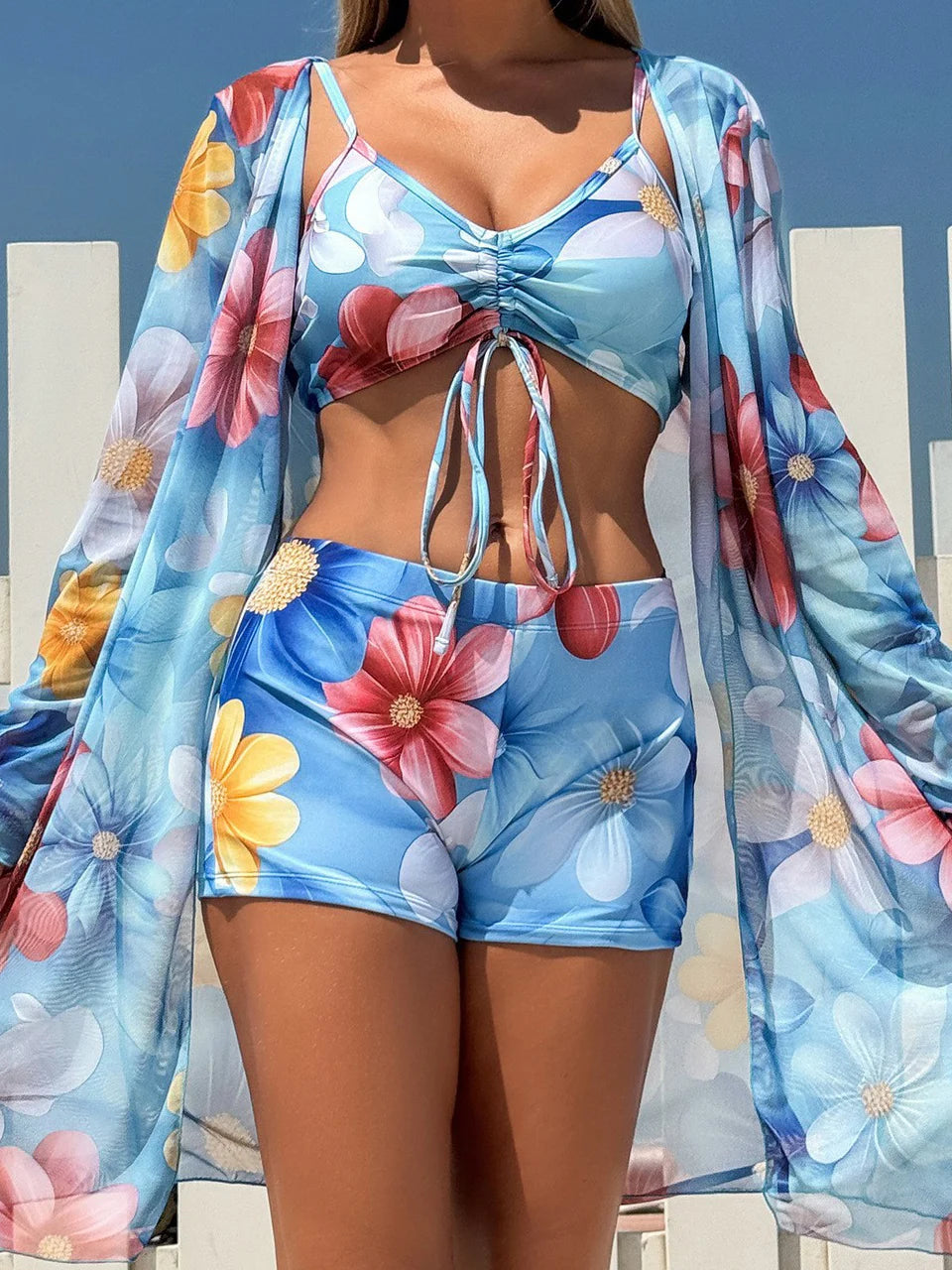 3 Pièces Bikinis Tie Dye Maillot de Bain 2026 Nouveau Femme Cordon de Serrage Devant Maillot de Bain Femme Taille Haute Short de Bain Maillot de Bain Vêtements de Plage