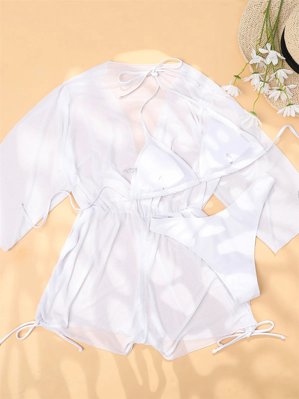 Costume da bagno sexy a maniche lunghe con copricostume, set bikini da donna bianco e nero, vestito in rete push-up, costume da bagno a 3 pezzi, perizoma, collezione 2026