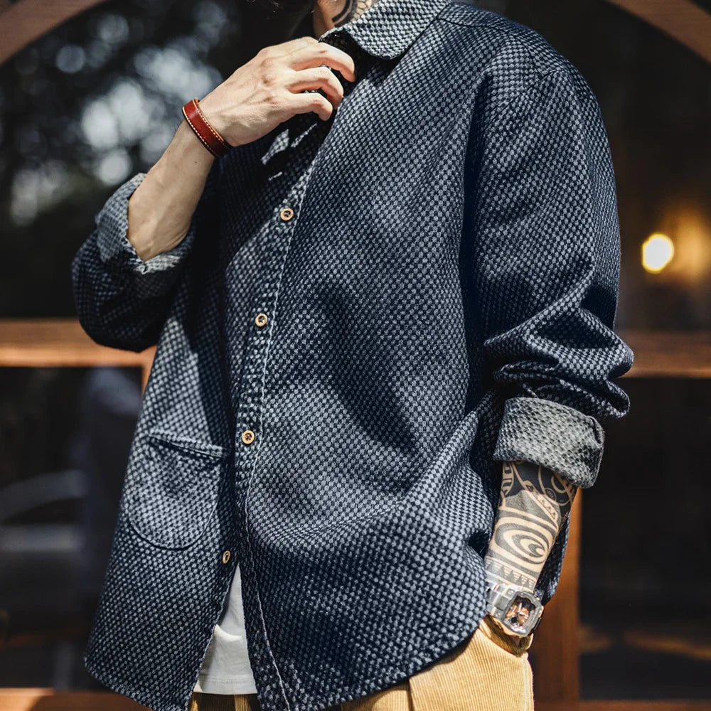 Maden Camicia di jeans a maniche lunghe ampia retrò Giacca monopetto con risvolto a quadretti per uomo Capispalla versatile primaverile e autunnale