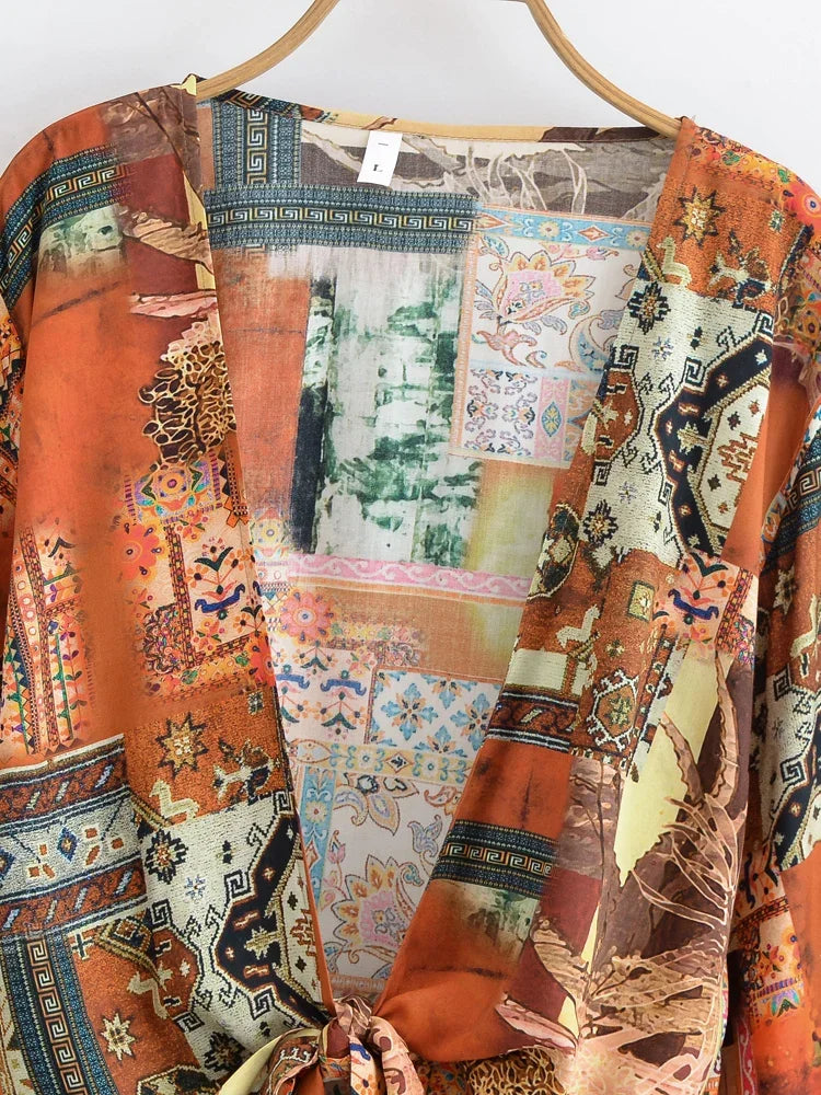 Boho Queens Sun Flower Beach Kimono corto estivo da donna 2025 Ruffles maniche svasate Vacanza Copricostumi bikini bohémien
