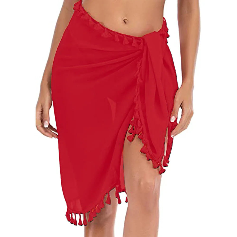 Copricostume da bagno per donna Sarong Beach Bikini Wrap Sheer gonna corta sciarpa per costumi da bagno con nappa