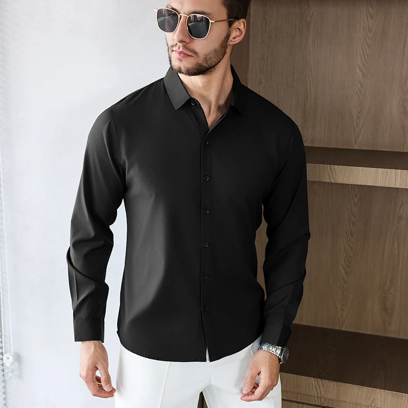 Camicia da uomo in tinta unita a maniche lunghe casual da lavoro nuova, resistente alle rughe, comoda e versatile per tutte le stagioni