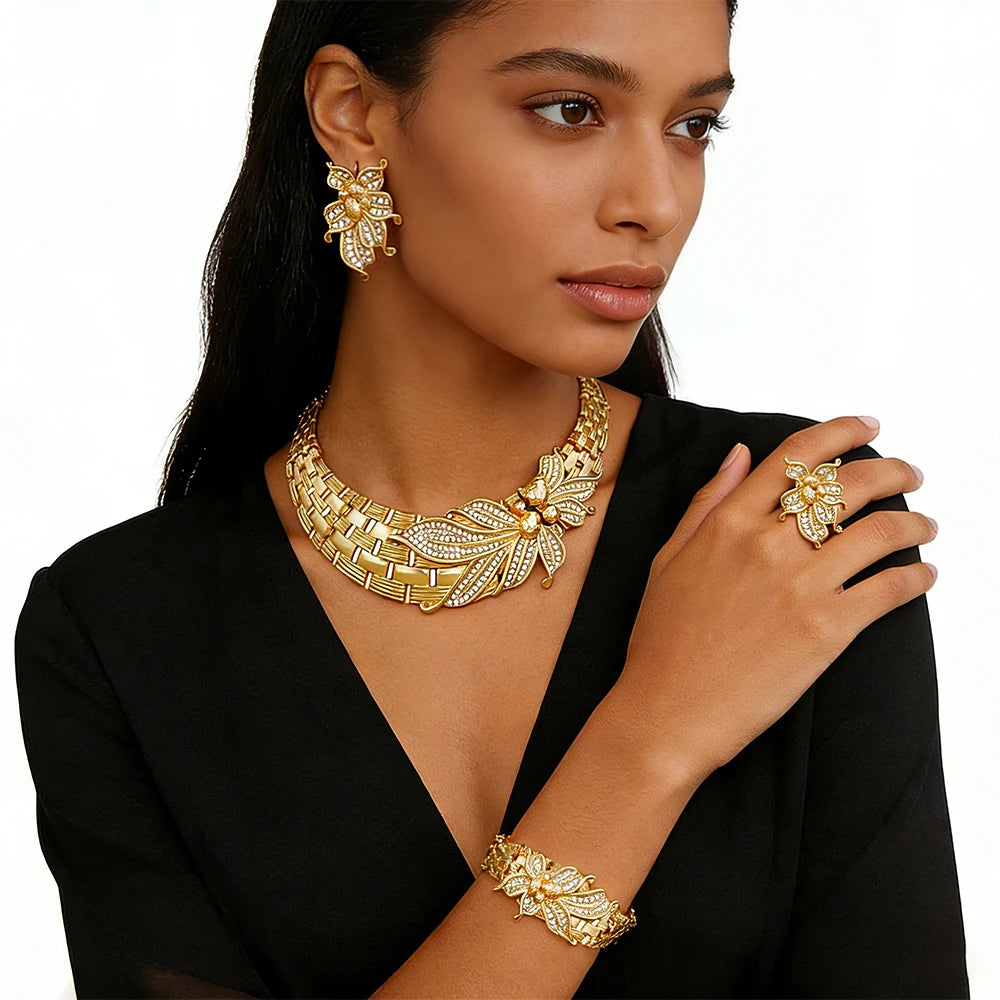 YTJX Ensemble de bijoux de mariage africains, grand collier ras du cou fleur, bracelet zircon fin, boucles d'oreilles perçantes, bague, plaqué or 18 carats