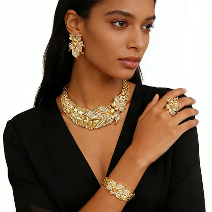 YTJX Ensemble de bijoux de mariage africains, grand collier ras du cou fleur, bracelet zircon fin, boucles d'oreilles perçantes, bague, plaqué or 18 carats
