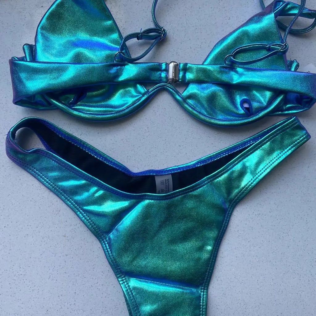 Maillot de bain bikini triangle sexy 2022 holographique bleu push up string extrême brésilien bandage maillot de bain micro bikini