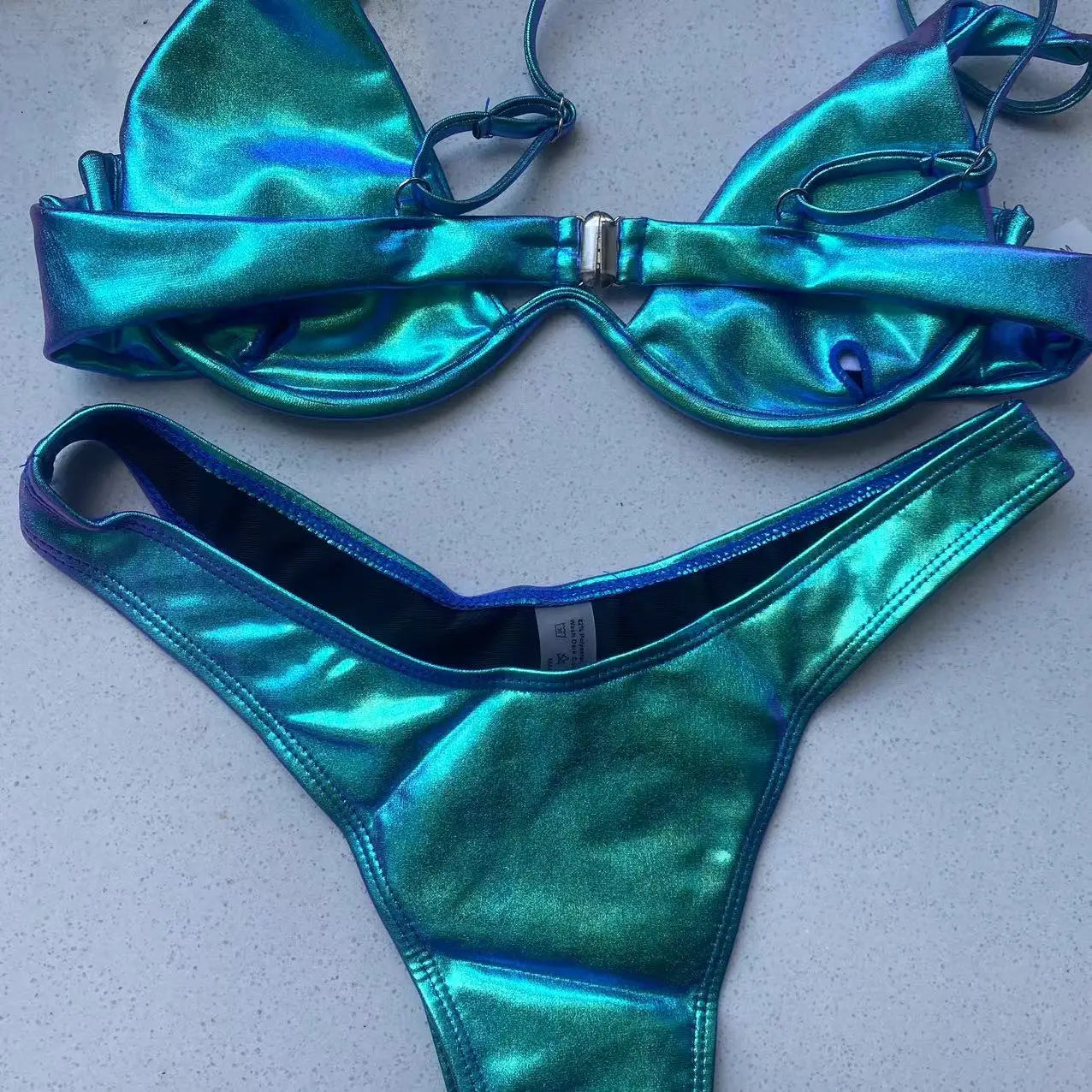 Maillot de bain bikini triangle sexy 2022 holographique bleu push up string extrême brésilien bandage maillot de bain micro bikini