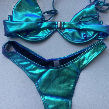 Sexy Triangle Bikini 2022 holographic Blue Push Up Extreme Thong Swimwear Brazilian Bandage Bathing Suit Swimsuit Micro Biquini
