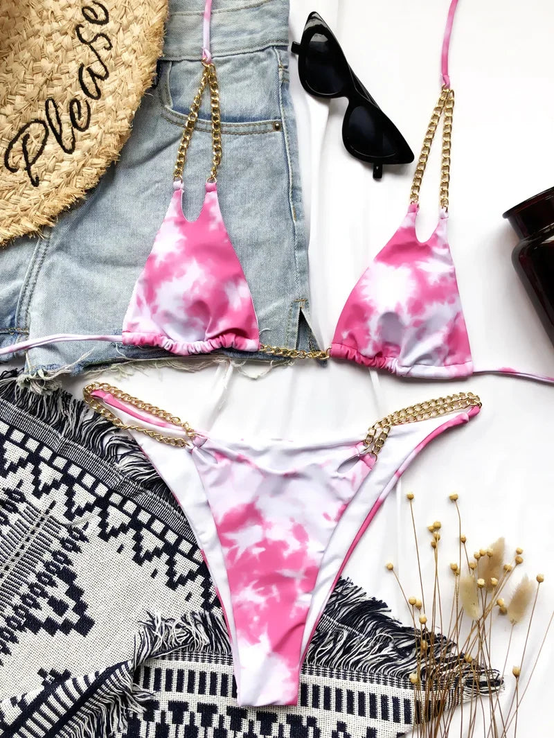 Micro Bikini Sexy 2026 Nero Solido con Reggiseno Push-Up e Cinghie Metalliche, Costume da Bagno Brasiliano, Perizoma, Biquini
