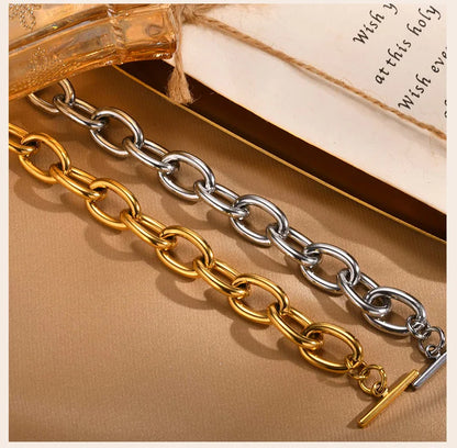 Braccialetti a ginocchiera robusti e audace da donna, bracciale a catena a maglie con fibbia OT in acciaio inossidabile placcato oro senza appannamento