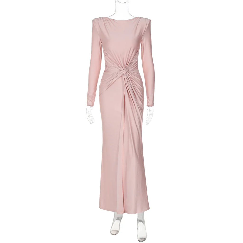 Abito da sera elegante da donna, manica lunga, o-collo, increspato, moda, abiti lunghi, donna, night club, streetwear, outfit autunnale